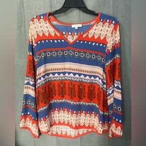 Umgee USA Women long bell sleeve Arabic print Orange blue v neck Blouse XL